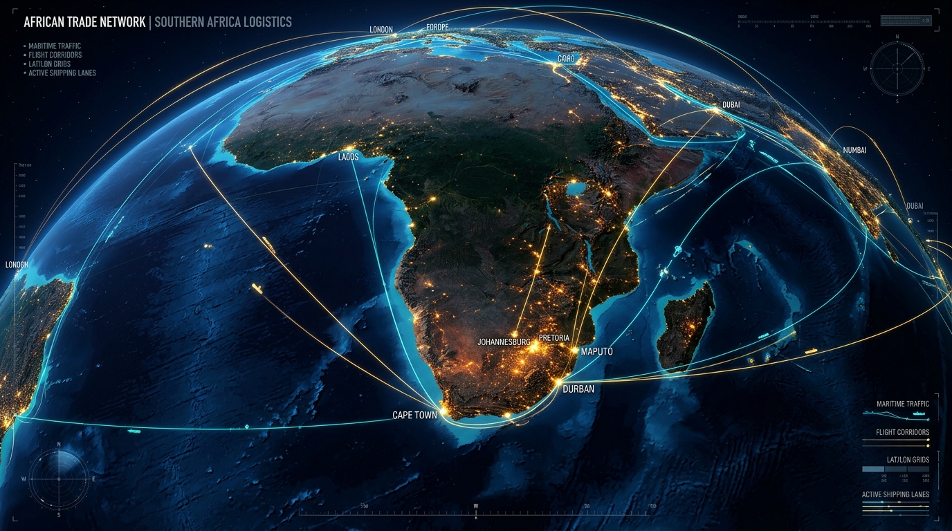 Photorealistic Satellite Radar Map of Southern Africa Trade Corridors