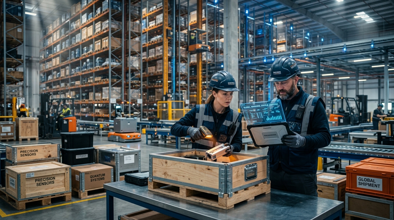 Engineers inspecting high-precision industrial components in modern automated distribution facility